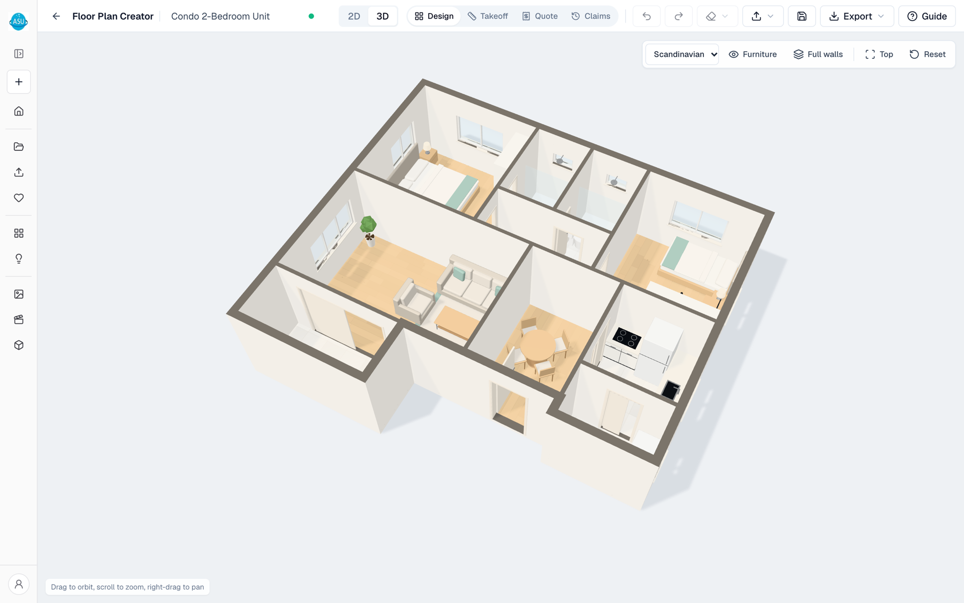 A floor plan shown as a 3D model with furniture