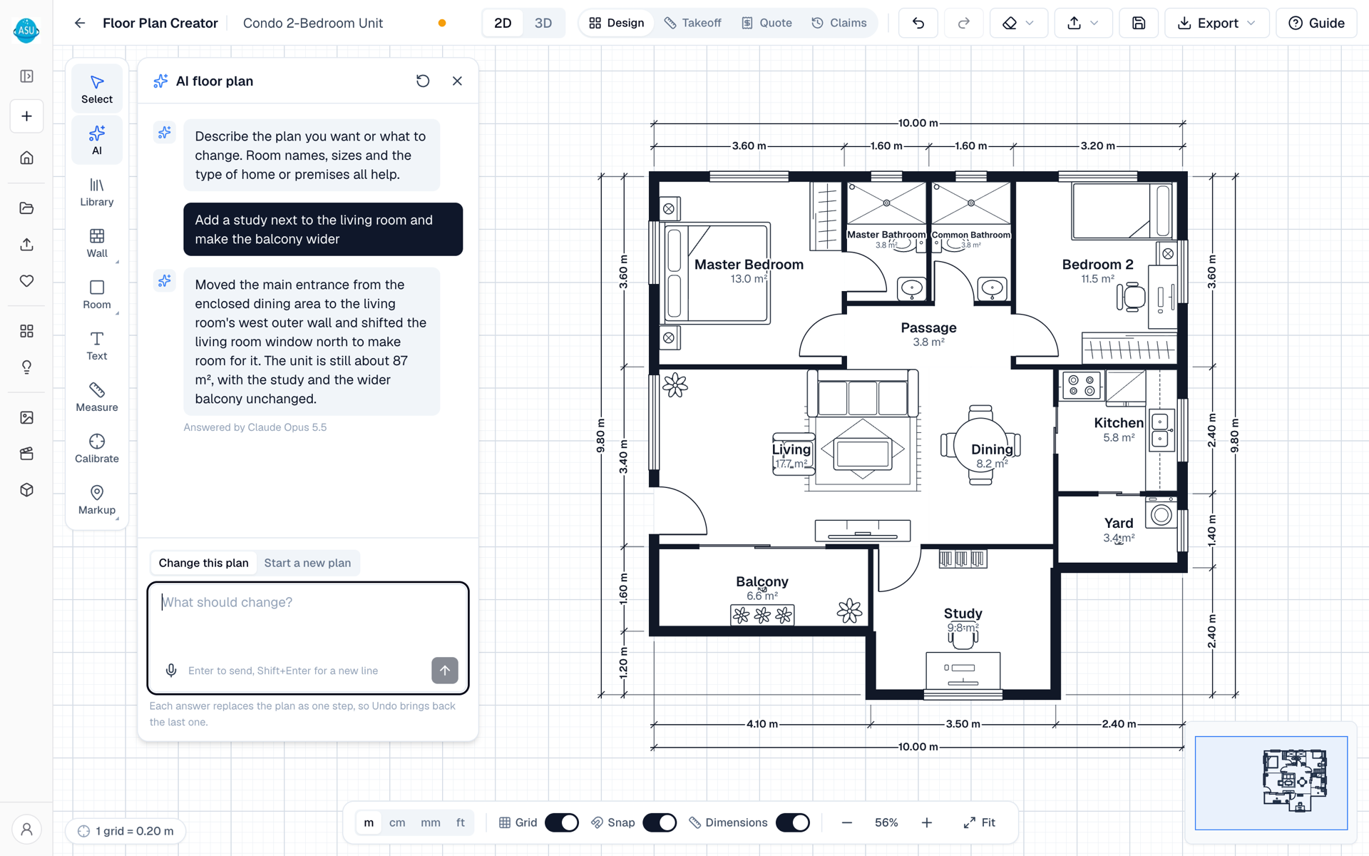 The AI panel in the editor with a generated floor plan