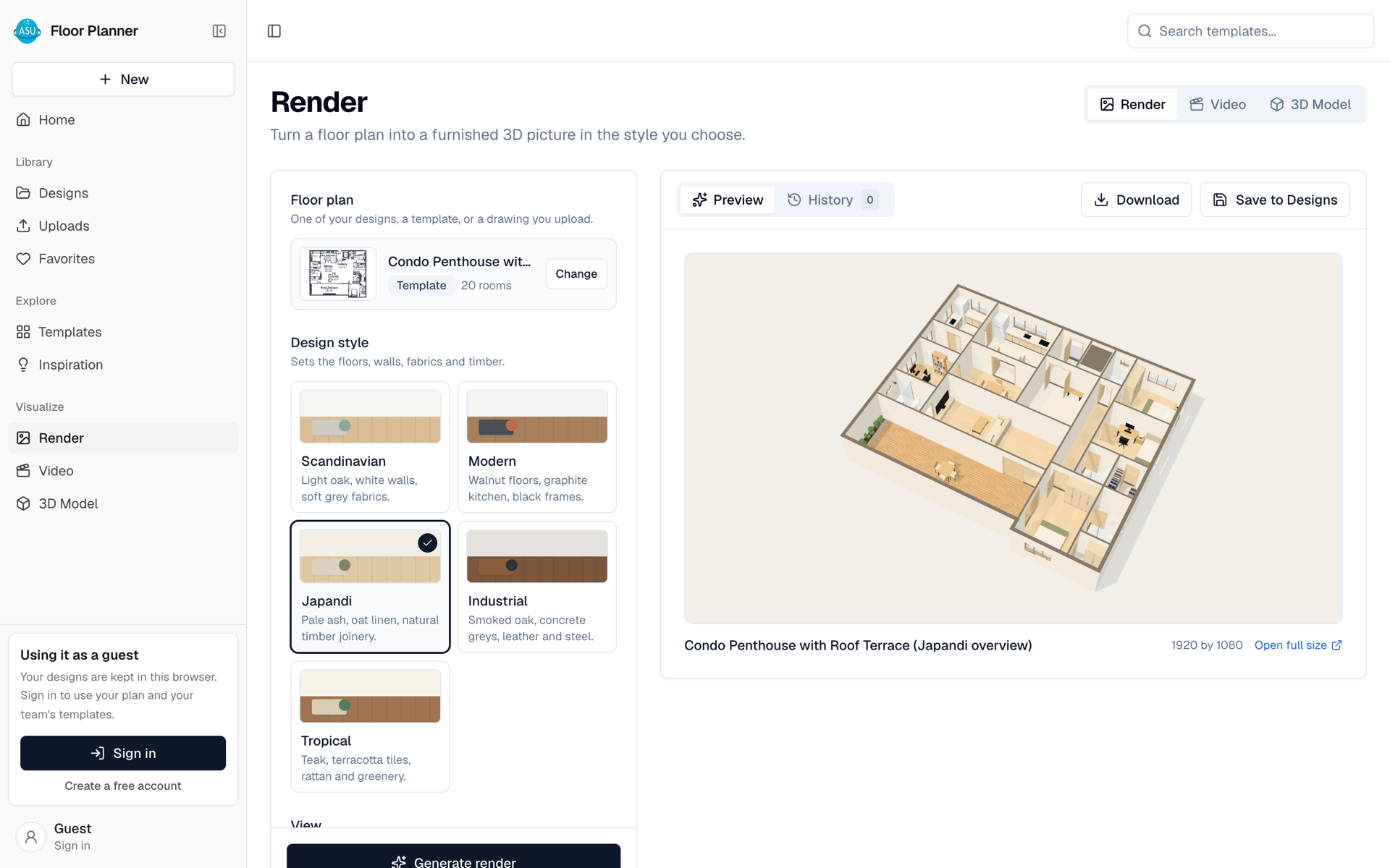 A rendered interior view made from a floor plan