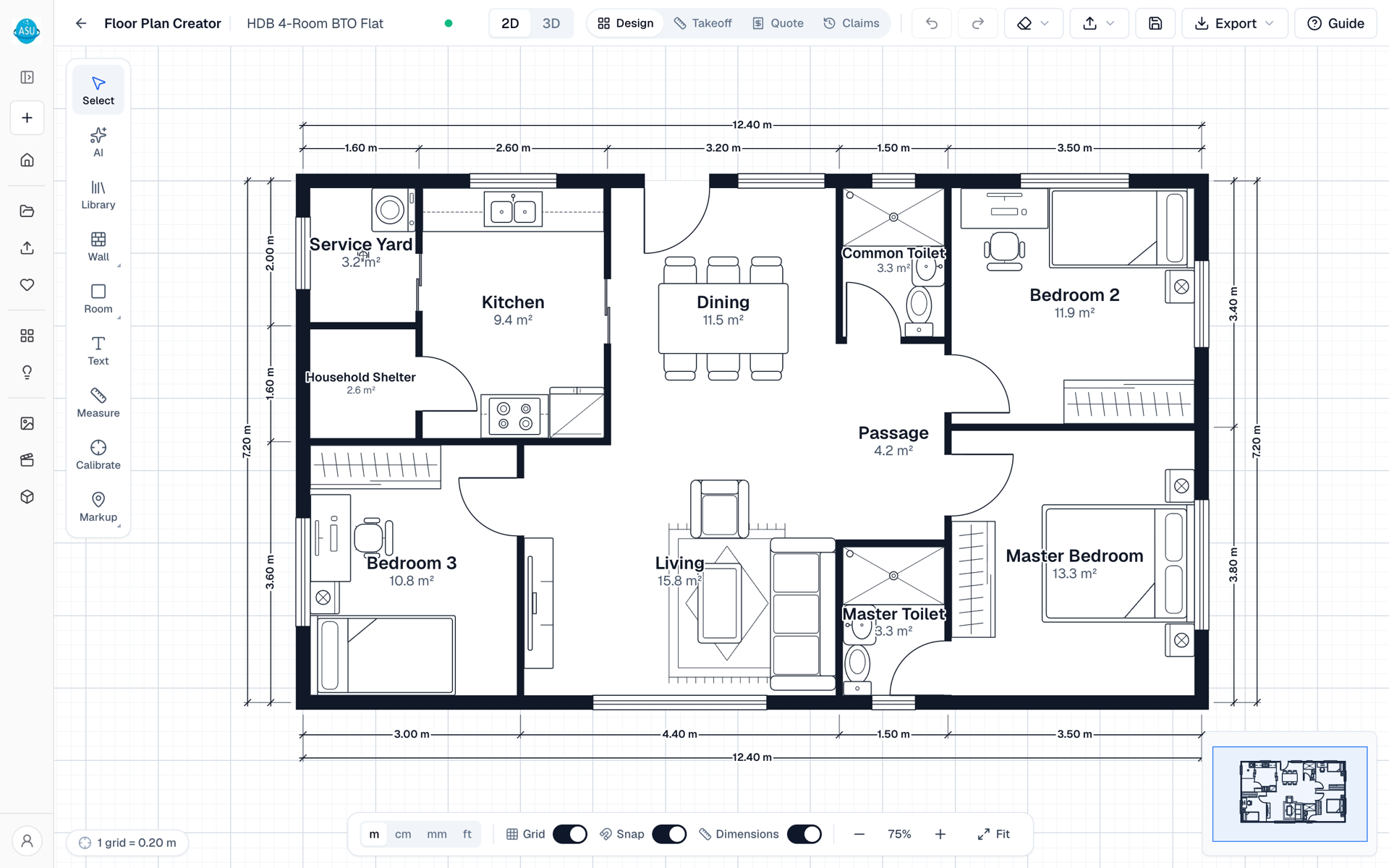 The ASU Floor Planner editor with a furnished HDB flat, its dimensions and the tool palette